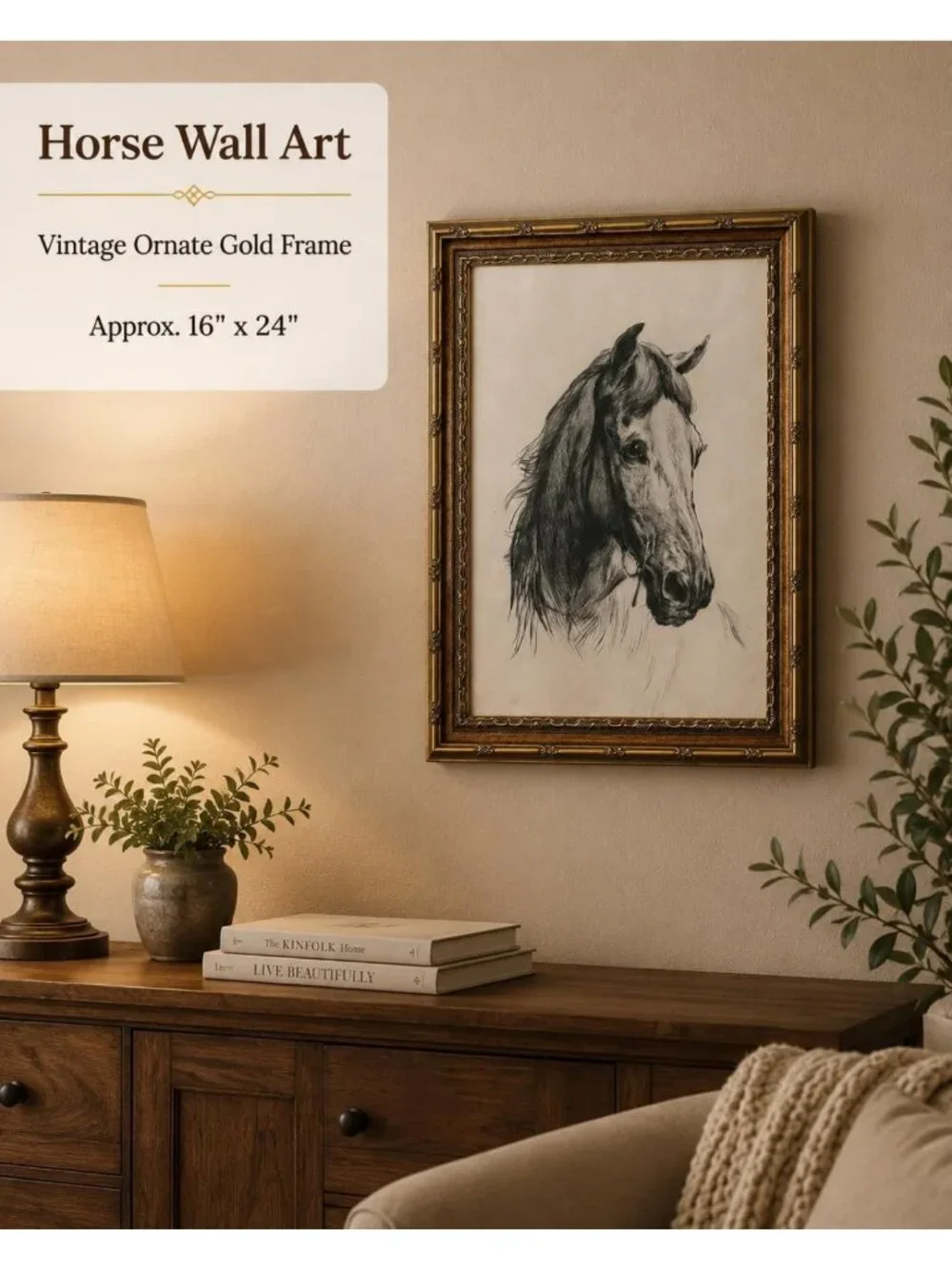 Elegant Gold Framed Horse Head Sketch Wall Art | Equestrian Canvas Print 16x24
